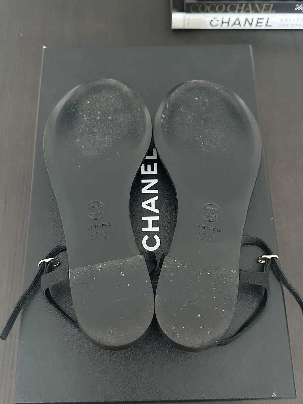 CHANEL Black Leather T-Strap Sandals with Gold/Pearl Flowers, Authentic - Picture 6 of 7